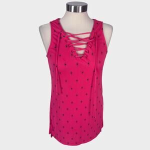 Worthington Womens Small Sleeveless Lace Up Neck Pink Pattern Top